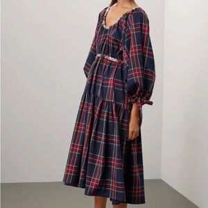 Eliza Faulkner Tiered Plaid Midi Dress in Navy and Red